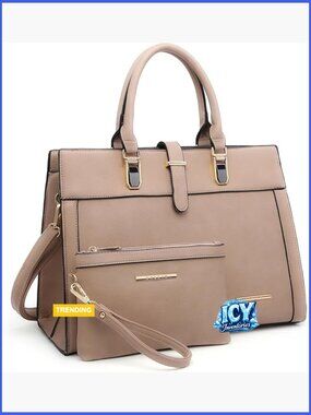 Vegan Leather Flap-Over Belt Shoulder Bag Tote Satchel Work Bag with Wristlet